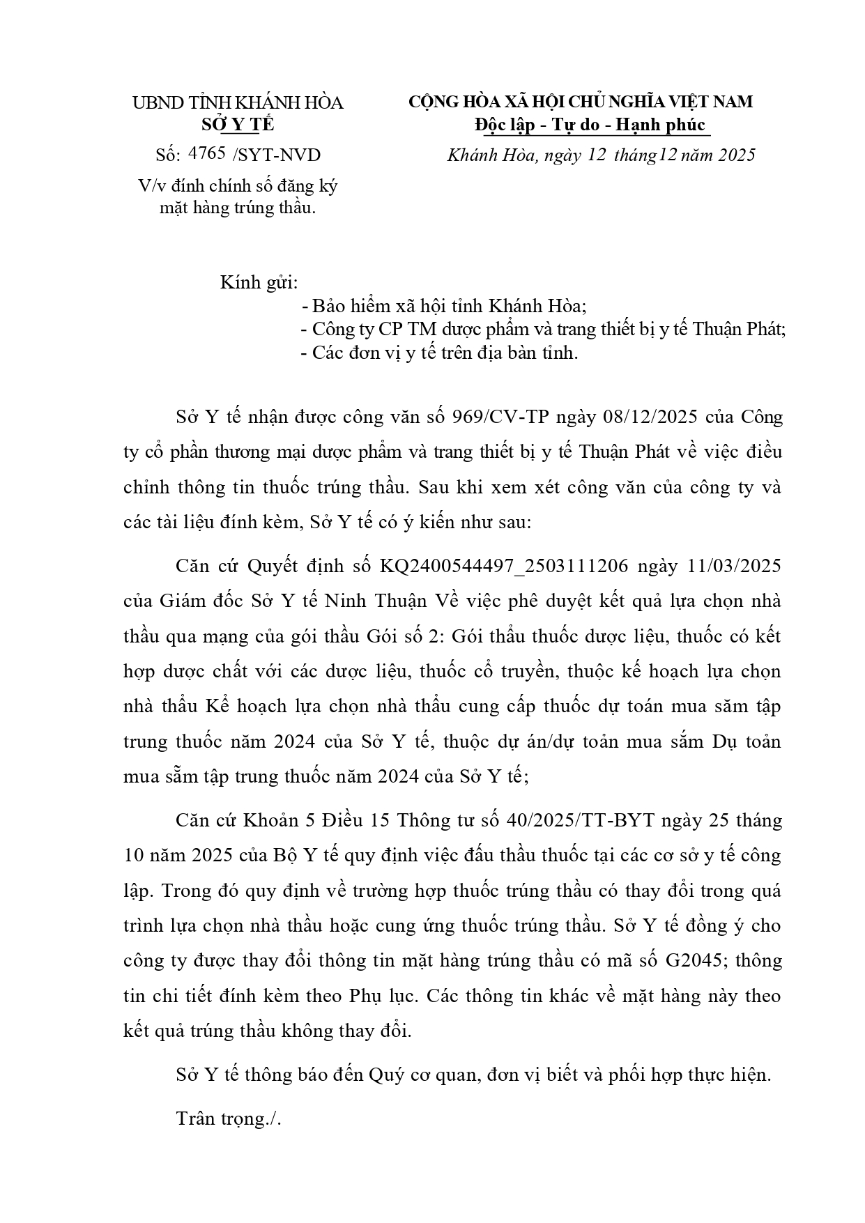 V/v đính chính số đăng ký mặt hàng trúng thầu.